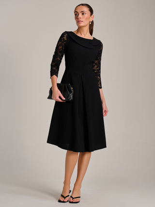 Roll Neck Lace Sleeve Fit & Flare Midi Dress, Black