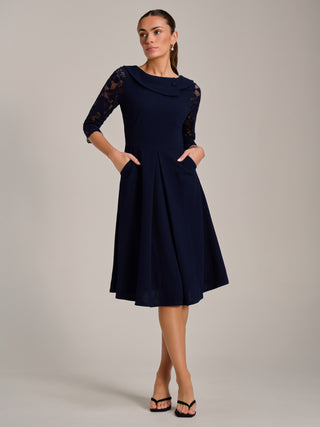 Roll Neck Lace Sleeve Fit & Flare Midi Dress, Navy
