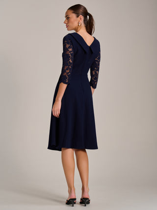 Roll Neck Lace Sleeve Fit & Flare Midi Dress, Navy