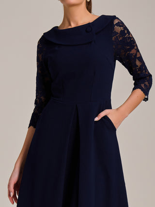 Roll Neck Lace Sleeve Fit & Flare Midi Dress, Navy