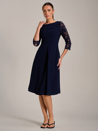 Roll Neck Lace Sleeve Fit & Flare Midi Dress, Navy