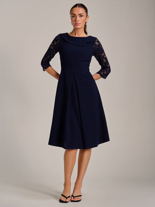 Roll Neck Lace Sleeve Fit & Flare Midi Dress, Navy