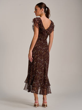 Ruffle V Neckline Chiffon Midaxi Dress, Brown Multi