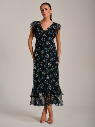 Ruffle V Neckline Chiffon Midaxi Dress, Navy Multi