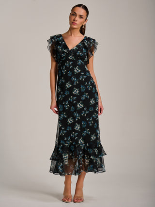 Ruffle V Neckline Chiffon Midaxi Dress, Navy Multi