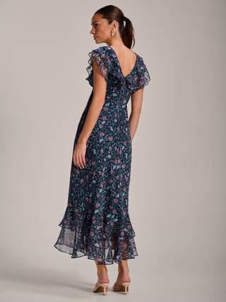 Ruffle V Neckline Chiffon Midaxi Dress, Teal Multi
