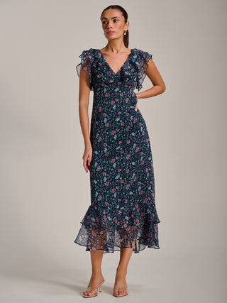 Ruffle V Neckline Chiffon Midaxi Dress, Teal Multi