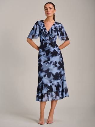 Ruffle Detail Ruched Mesh Midaxi Dress, Blue Abstract