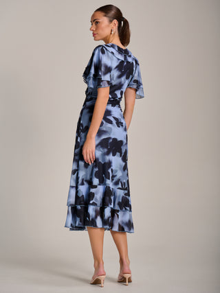 Ruffle Detail Ruched Mesh Midaxi Dress, Blue Abstract