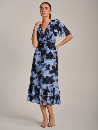 Ruffle Detail Ruched Mesh Midaxi Dress, Blue Abstract