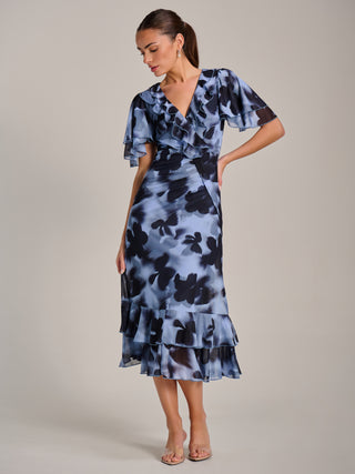 Ruffle Detail Ruched Mesh Midaxi Dress, Blue Abstract