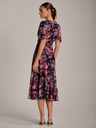 Ruffle Detail Ruched Mesh Midaxi Dress, Coral Multi