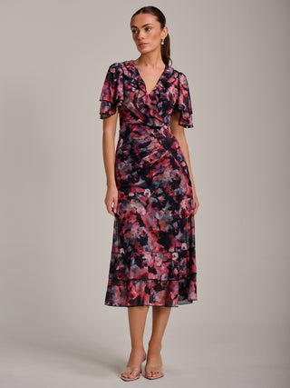 Ruffle Detail Ruched Mesh Midaxi Dress, Coral Multi