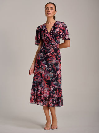 Ruffle Detail Ruched Mesh Midaxi Dress, Coral Multi