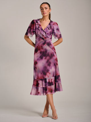 Ruffle Detail Ruched Mesh Midaxi Dress, Pink Abstract
