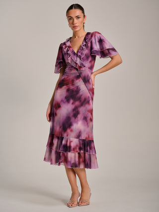Ruffle Detail Ruched Mesh Midaxi Dress, Pink Abstract