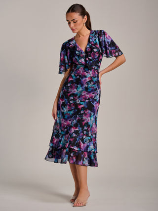 Ruffle Detail Ruched Mesh Midaxi Dress, Purple Multi