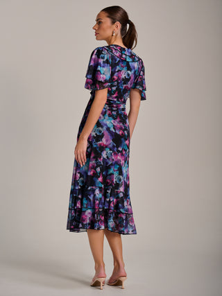 Ruffle Detail Ruched Mesh Midaxi Dress, Purple Multi
