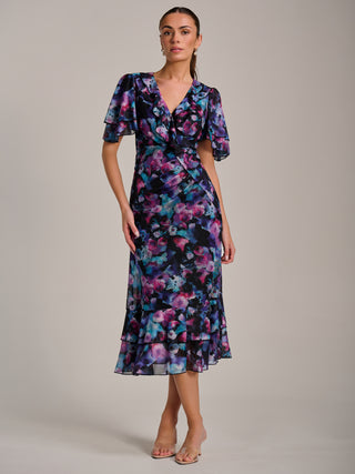 Ruffle Detail Ruched Mesh Midaxi Dress, Purple Multi