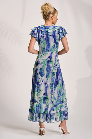 Ruffle V-Neck Mesh Maxi Dress, Blue Abstract