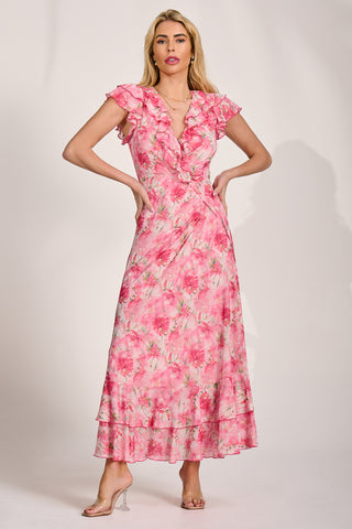 Ruffle V-Neck Mesh Maxi Dress, Pink Floral