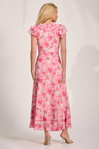 Ruffle V-Neck Mesh Maxi Dress, Pink Floral