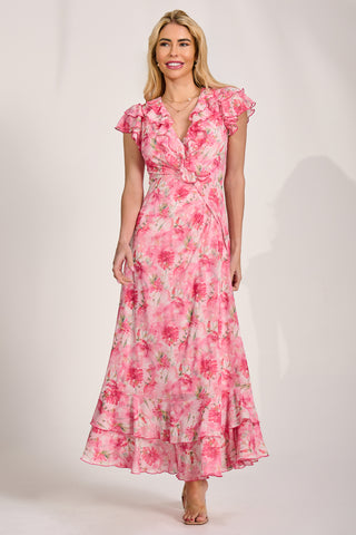 Ruffle V-Neck Mesh Maxi Dress, Pink Floral