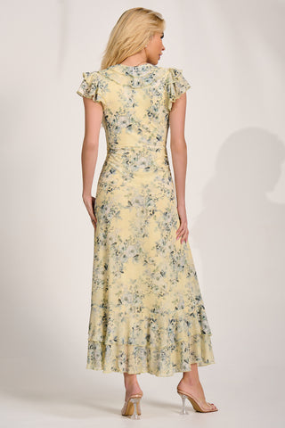 Ruffle V-Neck Mesh Maxi Dress, Yellow Floral