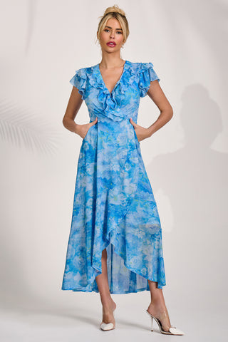 Ruffled Mesh Maxi Dress, Blue Floral