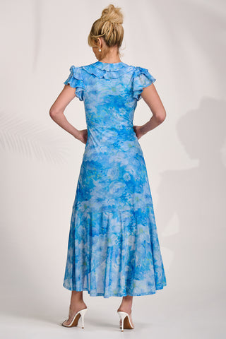 Ruffled Mesh Maxi Dress, Blue Floral