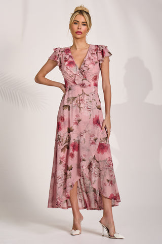 Ruffled Mesh Maxi Dress, Pink Floral