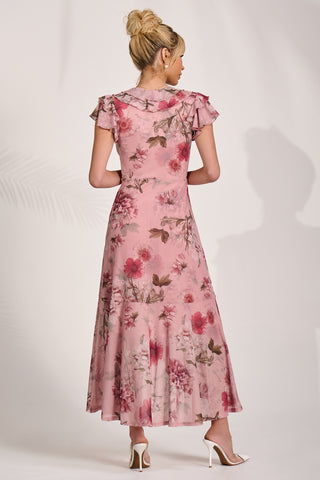 Ruffled Mesh Maxi Dress, Pink Floral