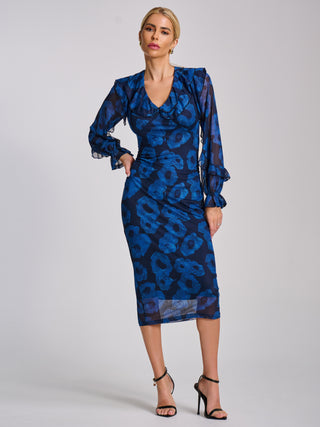 Long Sleeve Ruffle Detail Mesh Bodycon Dress, Blue Abstract