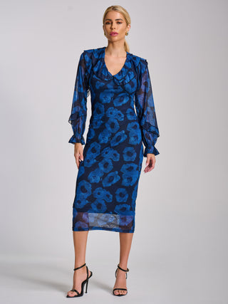 Long Sleeve Ruffle Detail Mesh Bodycon Dress, Blue Abstract