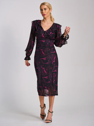 Long Sleeve Ruffle Detail Mesh Bodycon Dress, Fuchsia Abstract
