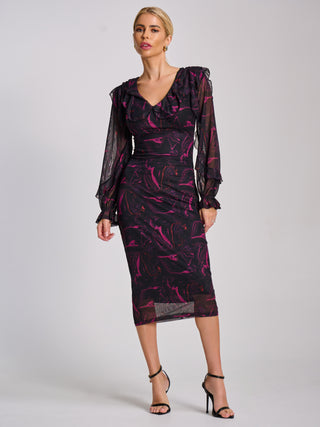 Long Sleeve Ruffle Detail Mesh Bodycon Dress, Fuchsia Abstract