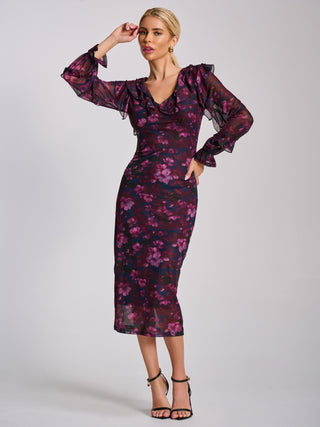 Long Sleeve Ruffle Detail Mesh Bodycon Dress, Pink Floral