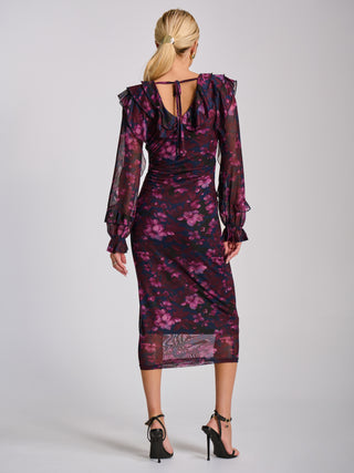 Long Sleeve Ruffle Detail Mesh Bodycon Dress, Pink Floral