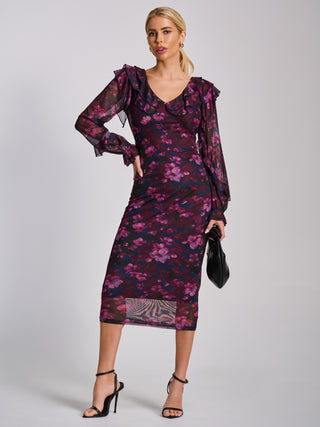 Long Sleeve Ruffle Detail Mesh Bodycon Dress, Pink Floral