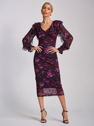 Long Sleeve Ruffle Detail Mesh Bodycon Dress, Pink Floral