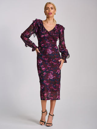 Long Sleeve Ruffle Detail Mesh Bodycon Dress, Pink Floral