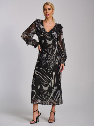 Ruffle V Neck Long Sleeve Mesh Midaxi Dress, Black Abstract