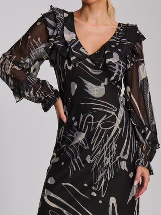 Ruffle V Neck Long Sleeve Mesh Midaxi Dress, Black Abstract