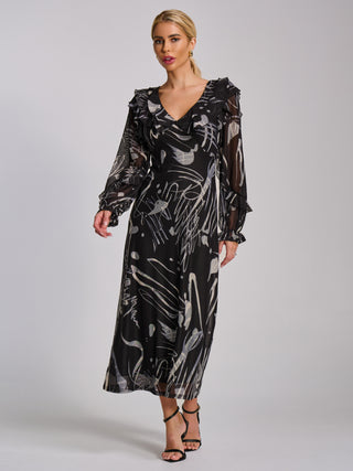 Ruffle V Neck Long Sleeve Mesh Midaxi Dress, Black Abstract
