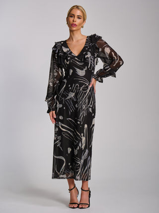 Ruffle V Neck Long Sleeve Mesh Midaxi Dress, Black Abstract