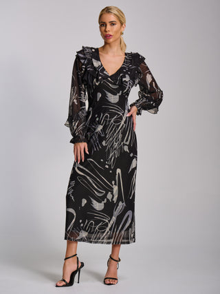 Ruffle V Neck Long Sleeve Mesh Midaxi Dress, Black Abstract