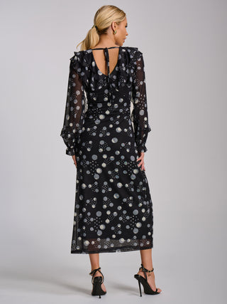 Ruffle V Neck Long Sleeve Mesh Midaxi Dress, Black Polka Dot