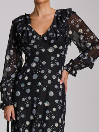Ruffle V Neck Long Sleeve Mesh Midaxi Dress, Black Polka Dot