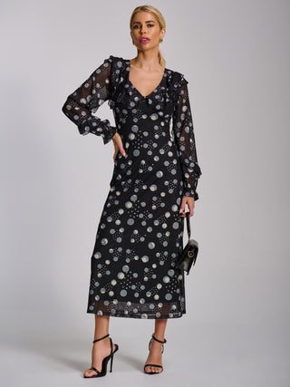 Ruffle V Neck Long Sleeve Mesh Midaxi Dress, Black Polka Dot