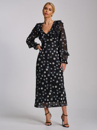 Ruffle V Neck Long Sleeve Mesh Midaxi Dress, Black Polka Dot